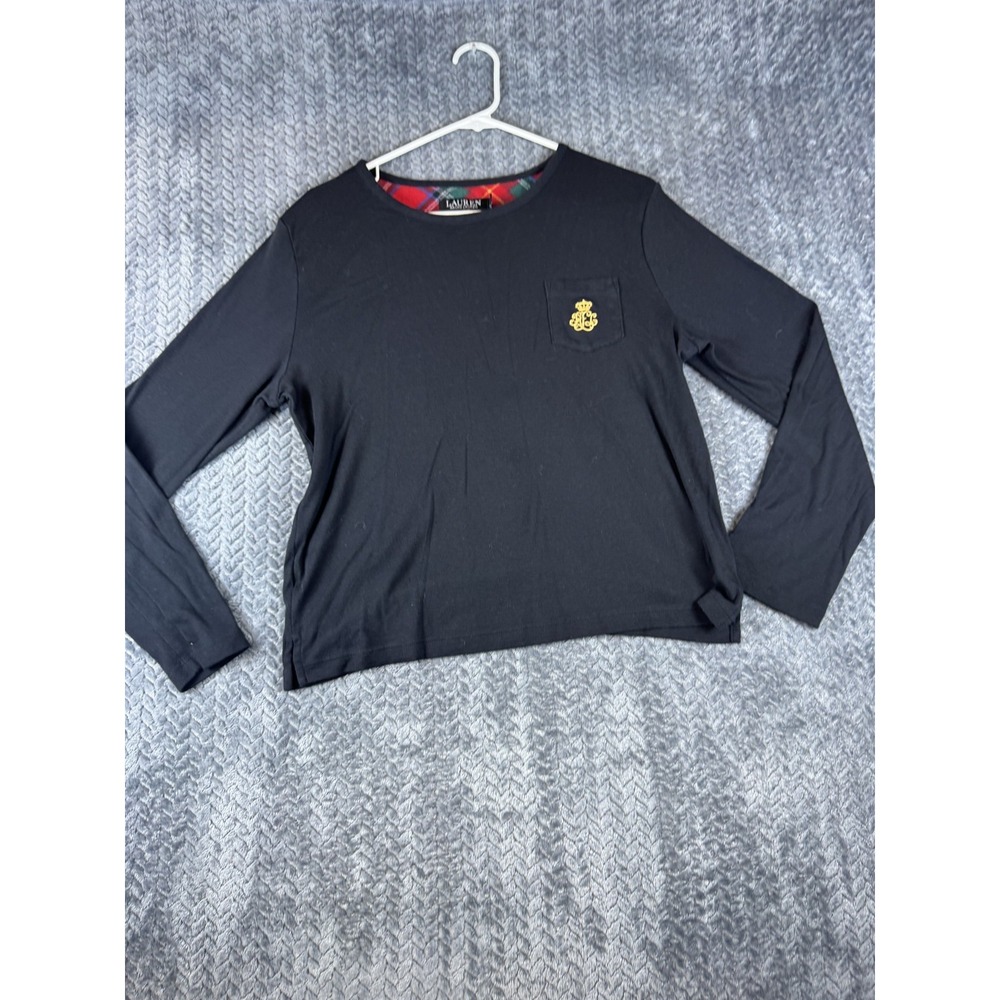 Lauren Ralph Lauren Pajama Top Womens Large Black Plaid Fleece Lined Crew Neck